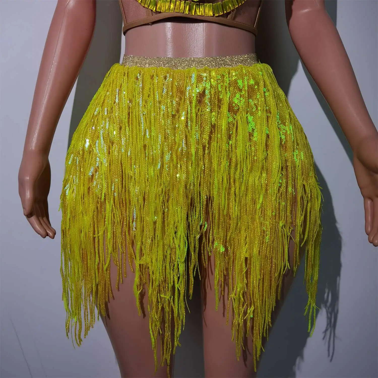 Sparkle Diamonds Tassels Yellow Sequin Top and Skirt Set Sexy Backless Party Club Dress for Women Pole Dance Clothing Liulian