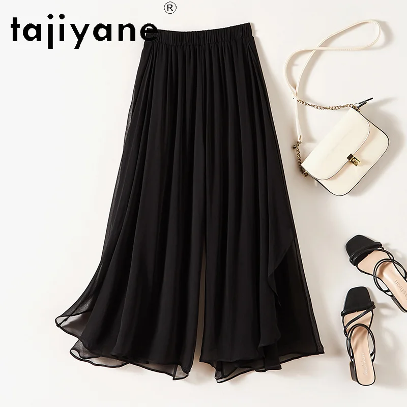 TAJIYANE 100% Natural Mulberry Silk Pants for Woman Thin Cropped Wide Leg Pants Summer Pants 2026 Women Clothes Elastic Waist 바지