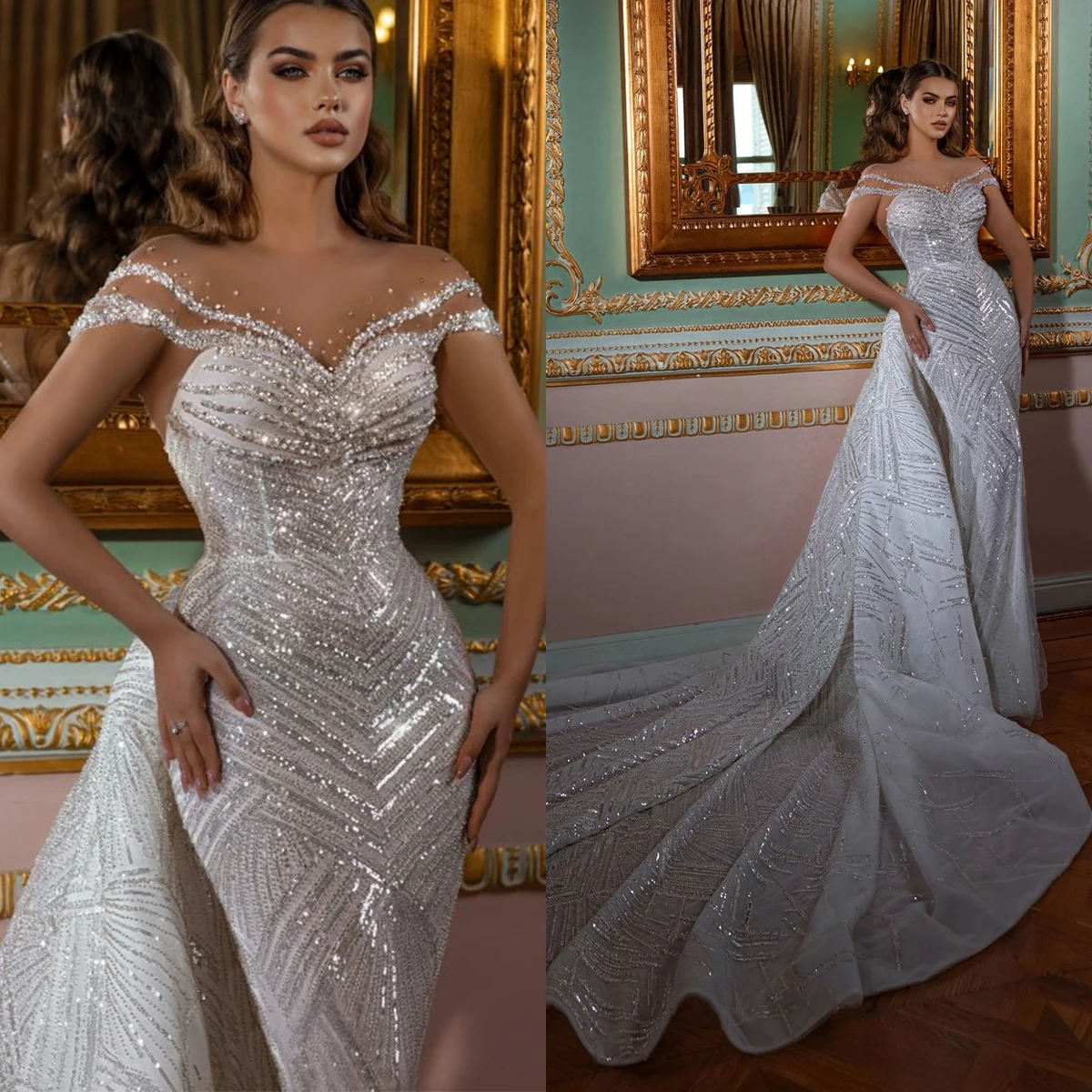 Sexy Illusion Mermaid Wedding Dress Sparkly Sequins Off Shoulder Bridal Gowns Custom Made Bride Dresses With Detachable Train