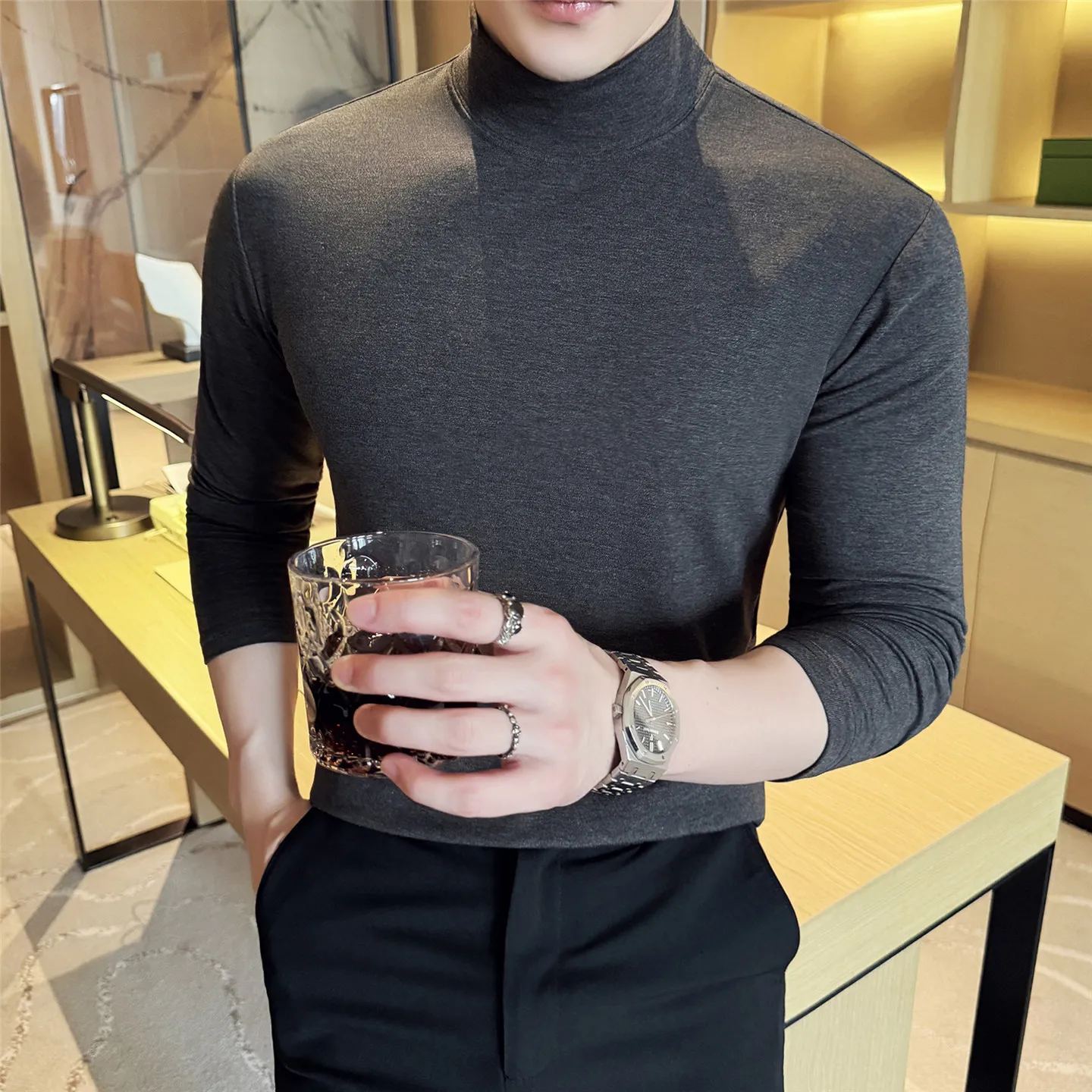 

Autumn Winter Soft Wool Semi High Neck Long Sleeved T-shirt Men High-quality Lyocell Mid Neck Base Shirt Men Casual Business