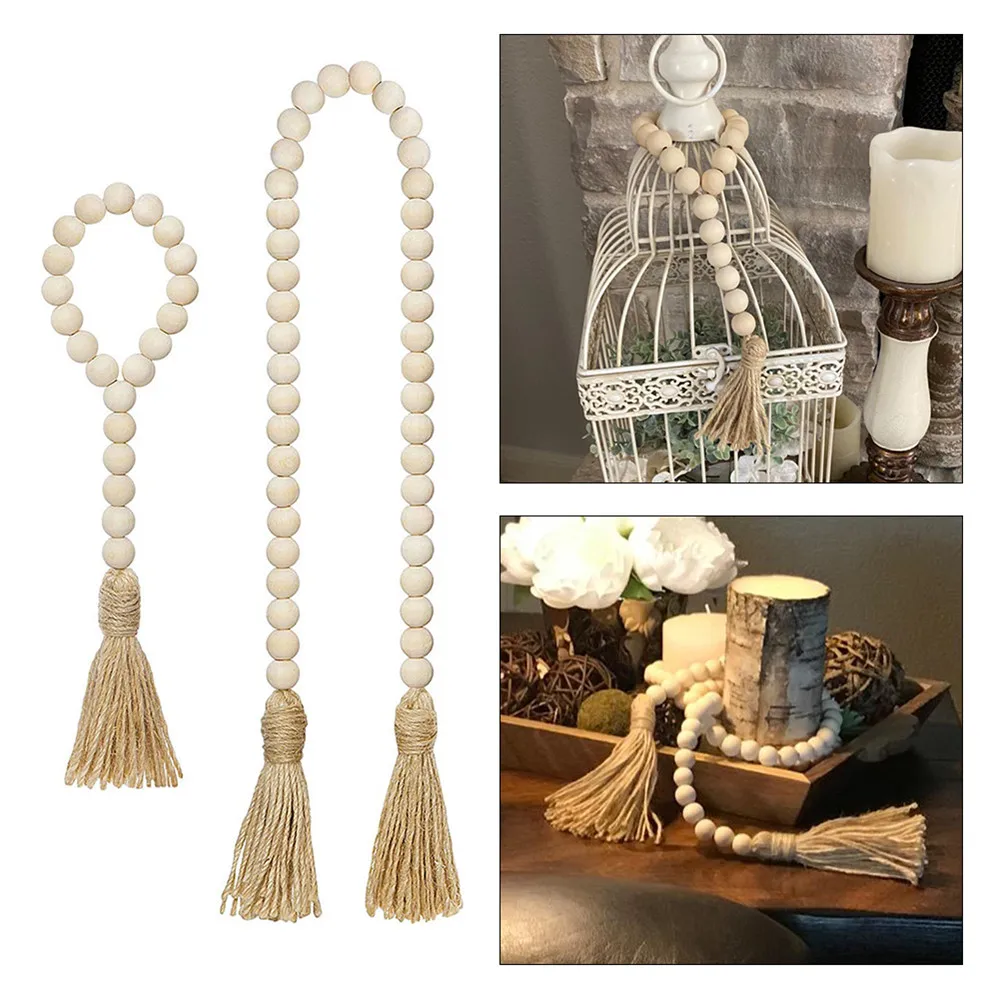 Gift Handmade Garland Home Decor Ornament Wall Hanging With Jute Rustic Tassels String Wood Bead Garland