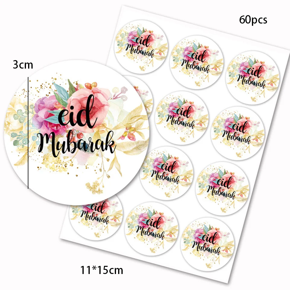 60pcs Colorful  EID Mubarak Sticker Gift Wrapping Stickers for Ramadan Kareem Supply Wedding Birthday Gifts Wrapping Decorations