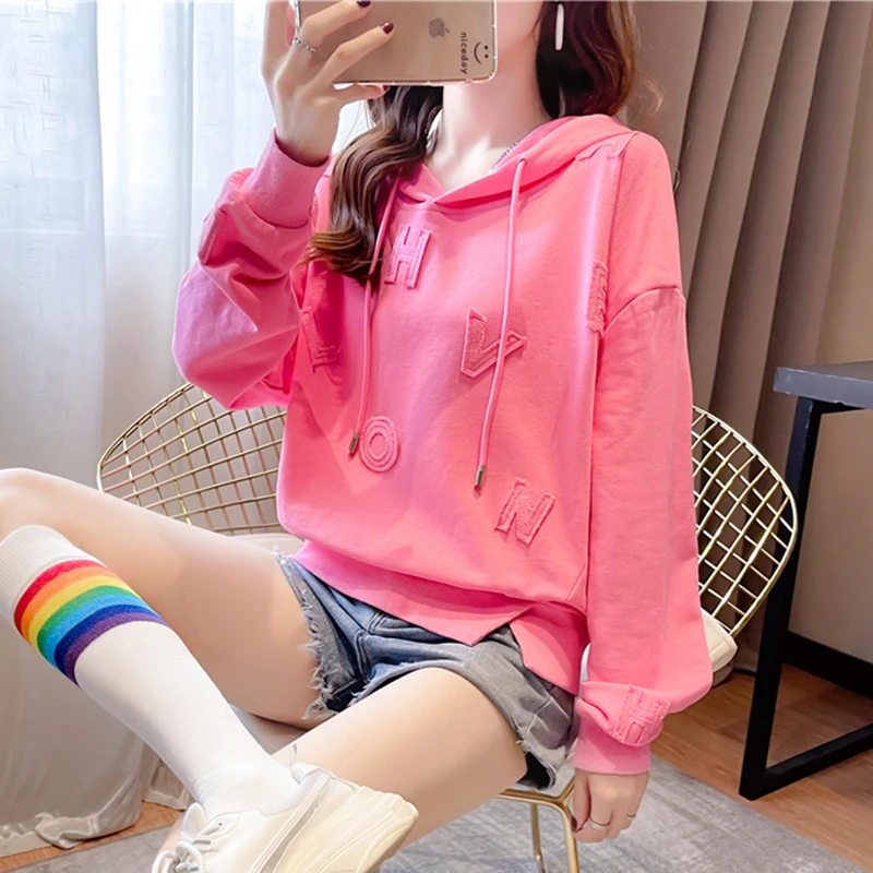 Spring Women's Oversized Hoodie Pullover Long Sleeve Letter Casual Hooded Sweatshirt Large Size Basic Coat Outerwear 2023