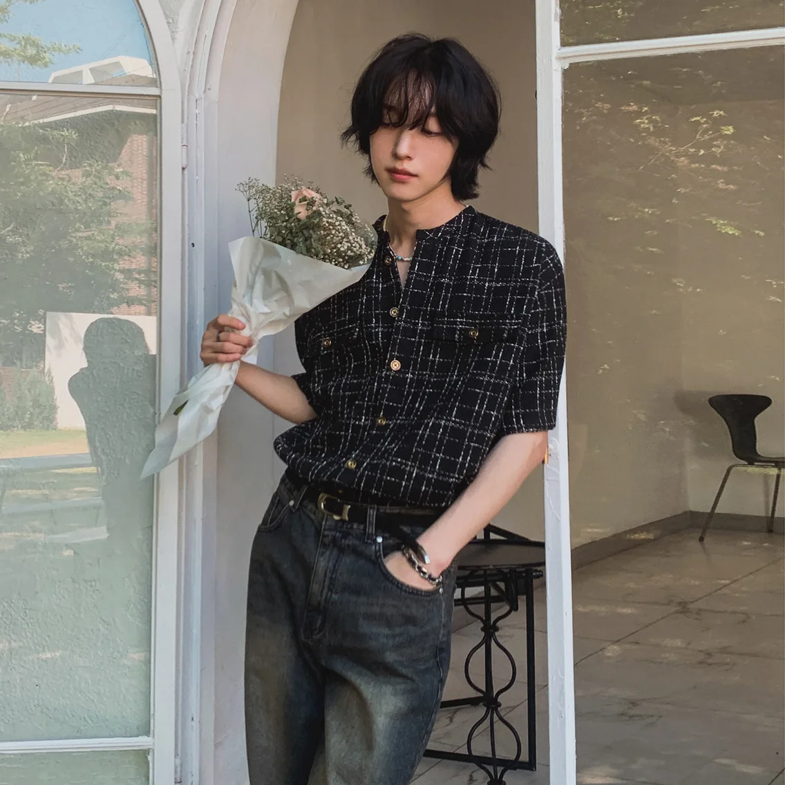 Casual Loose Men's Short Sleeve Shirt round Neck Striped Commute Korean Style Breathable Lightweight Summer Fashion Shirt