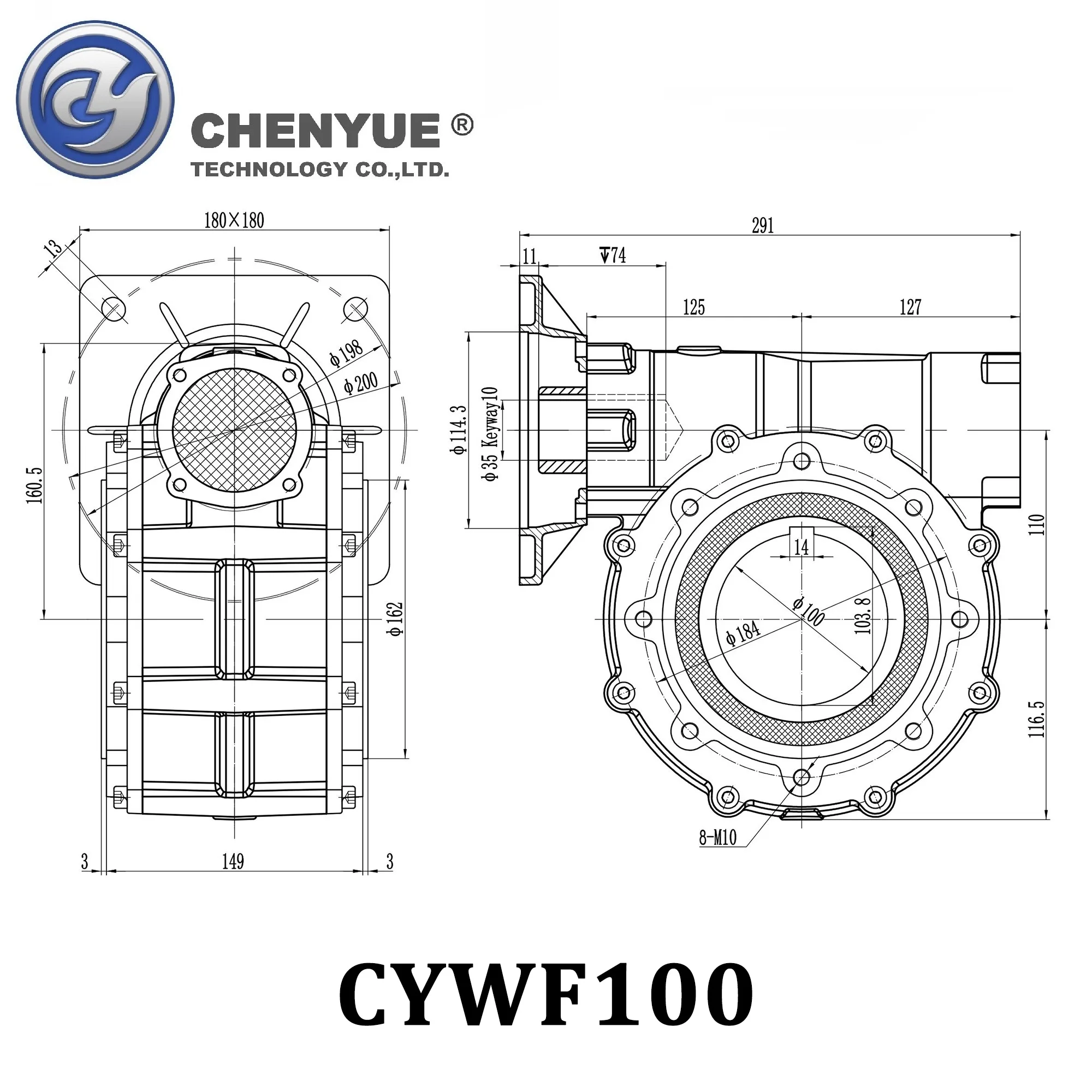 CHENYUE  Worm Gearbox CYWF100 Input 35 Output 100mm Ratio 5:1/100:1 200-647N.m 7.5Kw Free Maintenance for Hydraulic machines