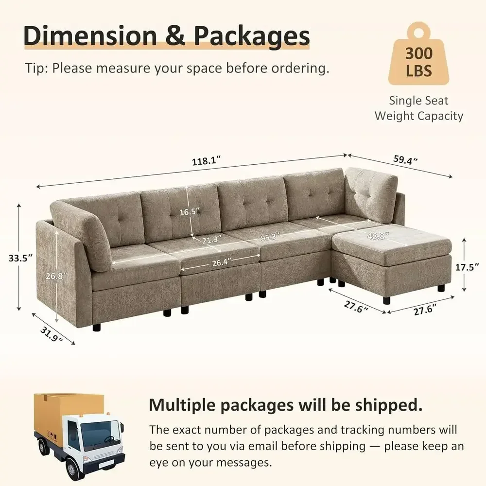 4 Seater Chenille Sofa with Ottomans, 118 Sectional for Living Room and Bedroom, Camel Color