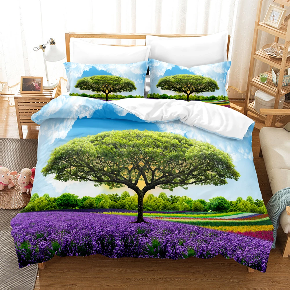 Purple Lavender Bedding Set Flower Hot Air Balloon Duvet Cover Single Double Size For Kids Adults Beautiful Scenery Home Textile