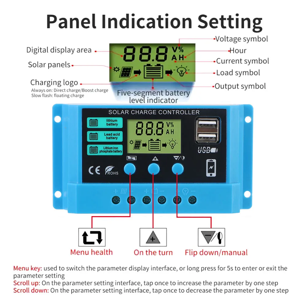 شاشة الكريستال السائل السيارات 30A الشمسية تهمة منظم المزدوج USB شواحن 5 فولت الناتج جهاز تحكم يعمل بالطاقة الشمسية PWM شاحن بطارية 12 فولت/24 فولت العالمي #4