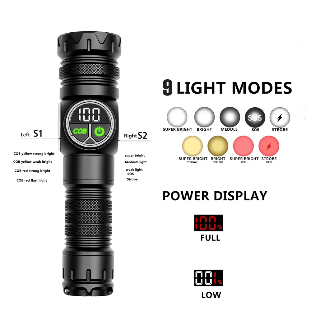 9 Modes Lantern High Power LED Flashlight With COB Side Light USB Rechargeable Zoom Lamp Long Range Spotlight Torch Camping