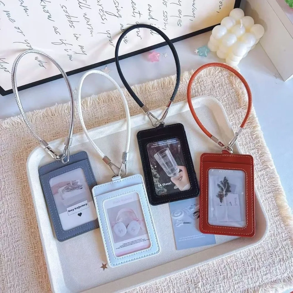 Portable PU Leather Card Holder Dual-Slot With Hand Wrist Strap Card Case Photocard Holder Access Control Card