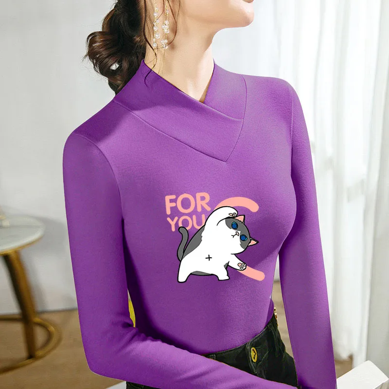 

Осень-зима, милая эластичная футболка с длинными рукавами и принтом кота, женская бархатная теплая базовая пуловер, нижняя рубашка, модный женский топ