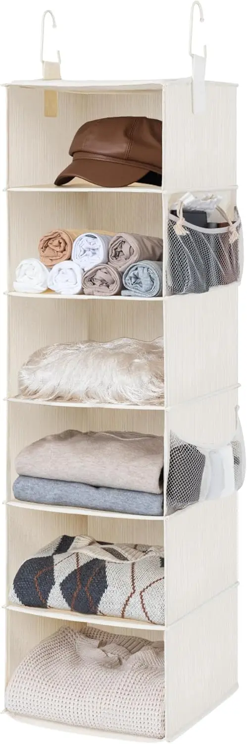 

6-Shelf Hanging Closet Organizer with Heavy-Duty Hooks, Holds Up to 50 Lbs, Fabric, Beige White Ivory, 12"D x 12"W x 47.5"H