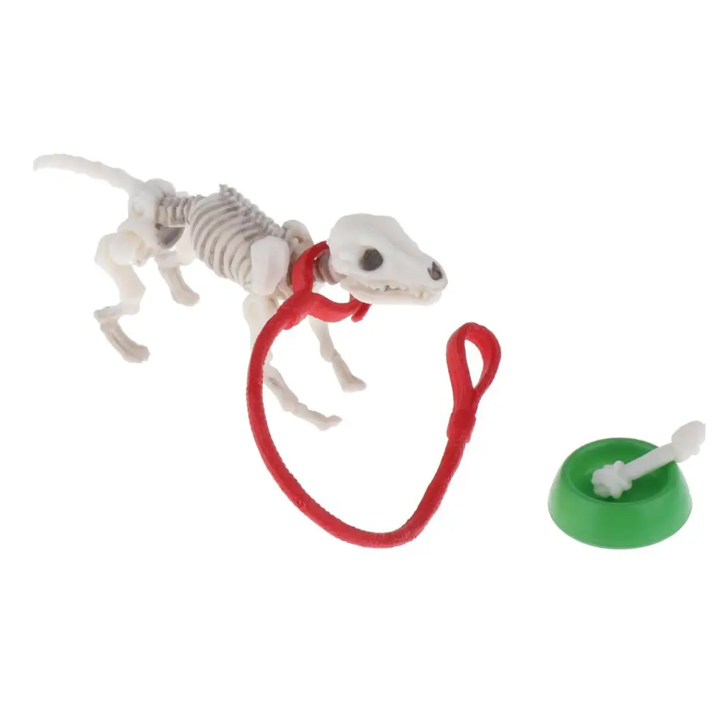 Mini esqueleto Dog Role Toys, Ornamento com conjunto tigela, Escala 1:12