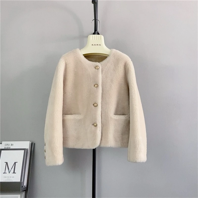 Lady Girl Sheep Shearling Round Neck Short Jacket Pure Wool Fall and Winter Female Warm Winter Coat PT445