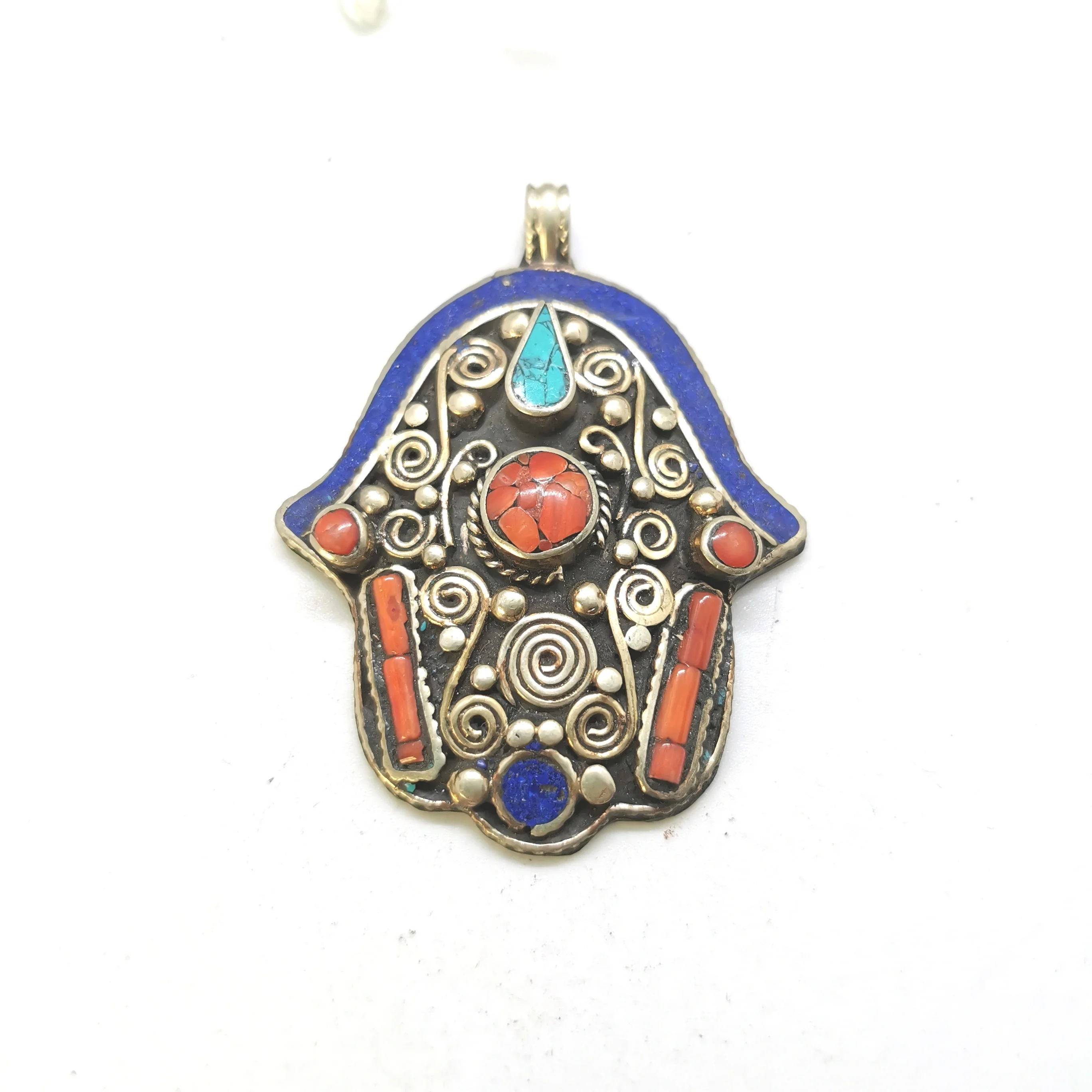 Buddha Hand Pendants Tibetan Ethnic Jewelry Buddhist Amulet Nepal Vintage Copper Inlaid Stone TBP305