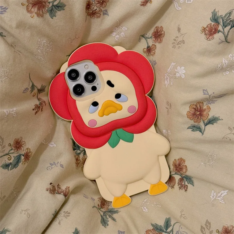 Kawaii süße Cartoon-Blumen, weine Ente, weiche Silikon-Handyhülle für iPhone 16, 15, 14, 12, 13, Pro Max, stoßfeste Schutzhülle