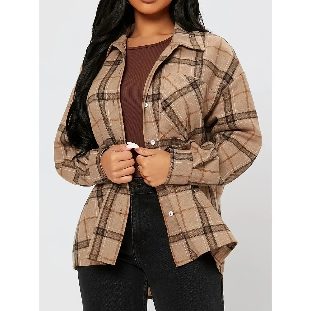 Plus size 1xl-5xl moda feminina xadrez-impressão carcela com lapela gola camisa senhoras casual mangas compridas blusa camisa topo