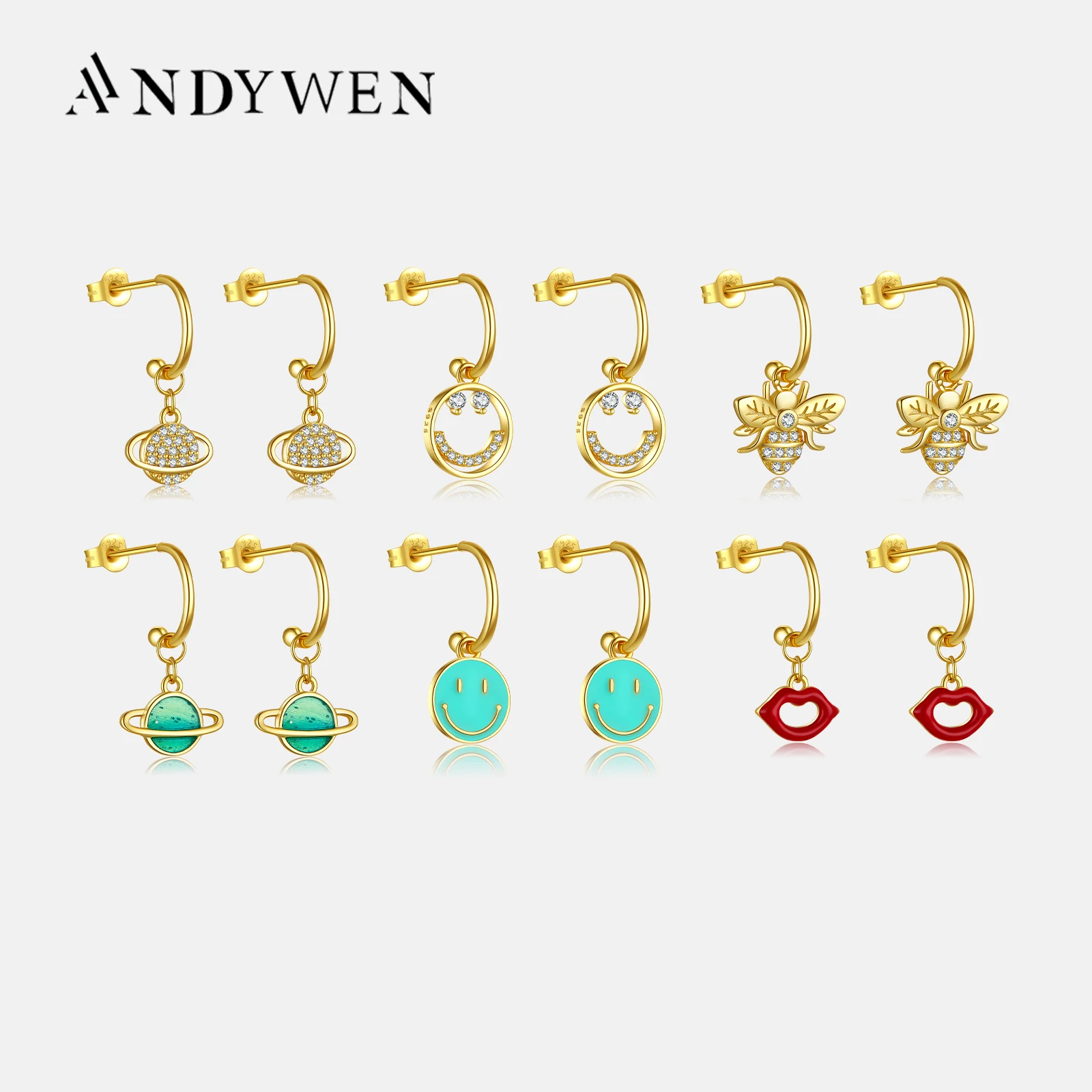 ANDYWEN 925 Sterling Silver Gold Circle Bee Zircon Happy Face Green Saturn Drop Earring Shiny Planet Piercing Pendiente Jewelry