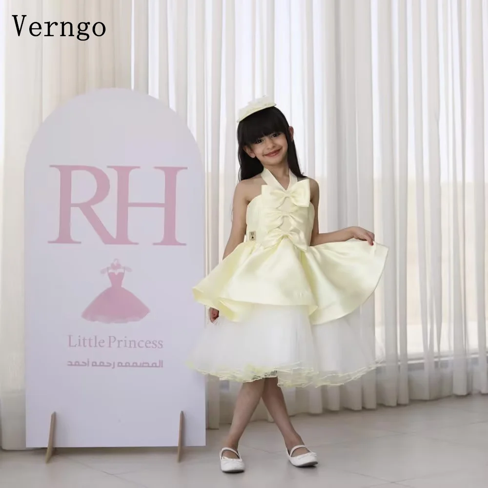 

Желтое атласное бальное платье Verngo с бантом для девочек на день рождения, платье принцессы, платье для девочки-цветочницы, индивидуальный пошив