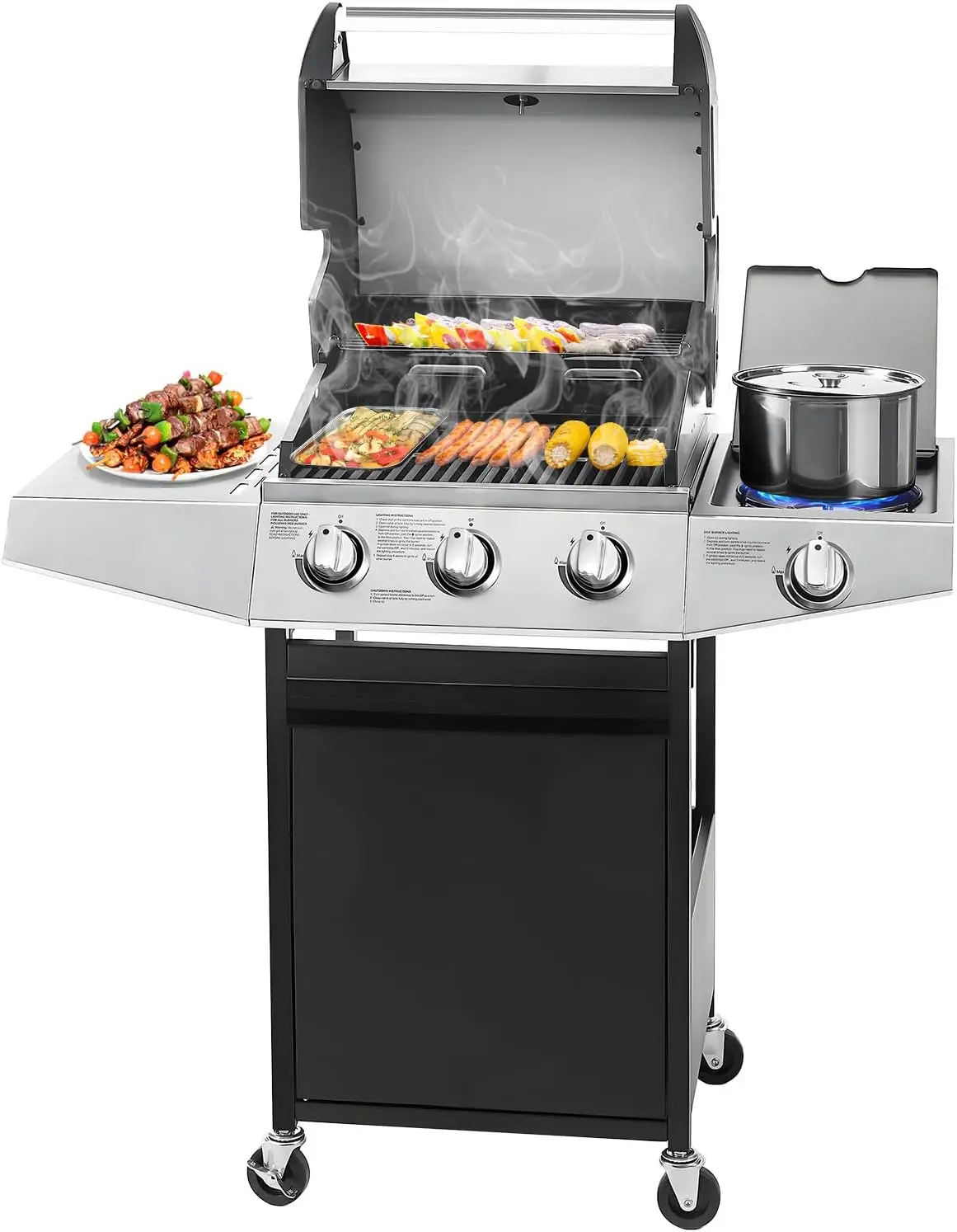 3-Burner Propane Gas BBQ Grill with Side Burner & Porcelain-Enameled Cast Iron Grates Built-in Thermometer, 39,000 BTU O