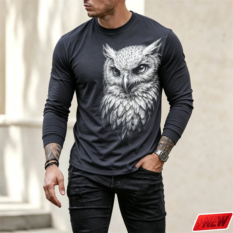 3D Print Owl Graphic Long Sleeve T-Shirt Men Realistic Animal Pattern Trend Cool Crew Neck Top Casual Streetwear Daily Wear Tee