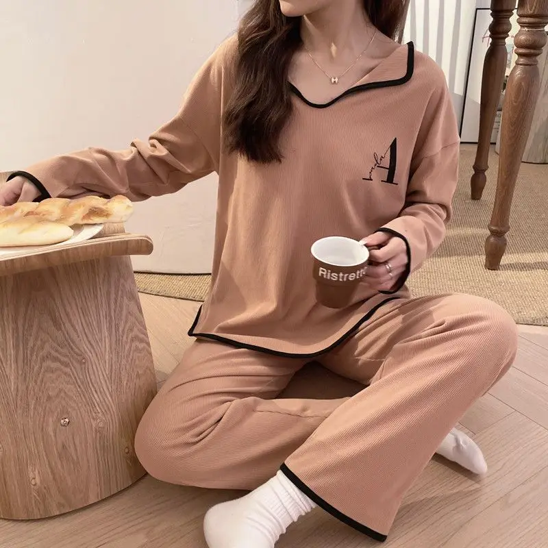 Female Pajamas Women's Spring Autumn 2024 New Long-Sleeved Home Wear Two-Piece Casual Simple Letter Loose V-neck Sleepwear Set