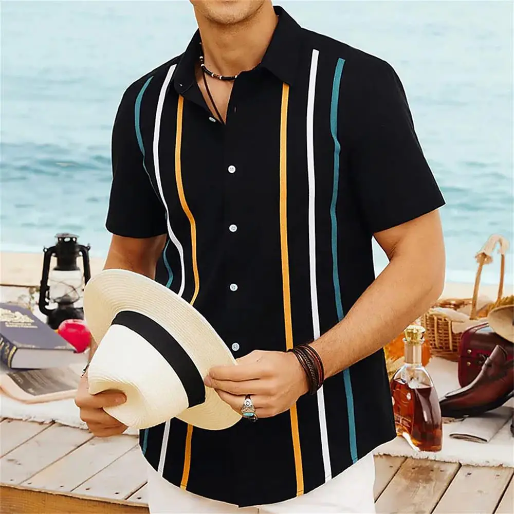 Koszule hawajskie dla mężczyzn Vintage letnia koszula w paski z krótkim rękawem ponadgabarytowa uliczna męska designerska odzież Camisas De Hombre