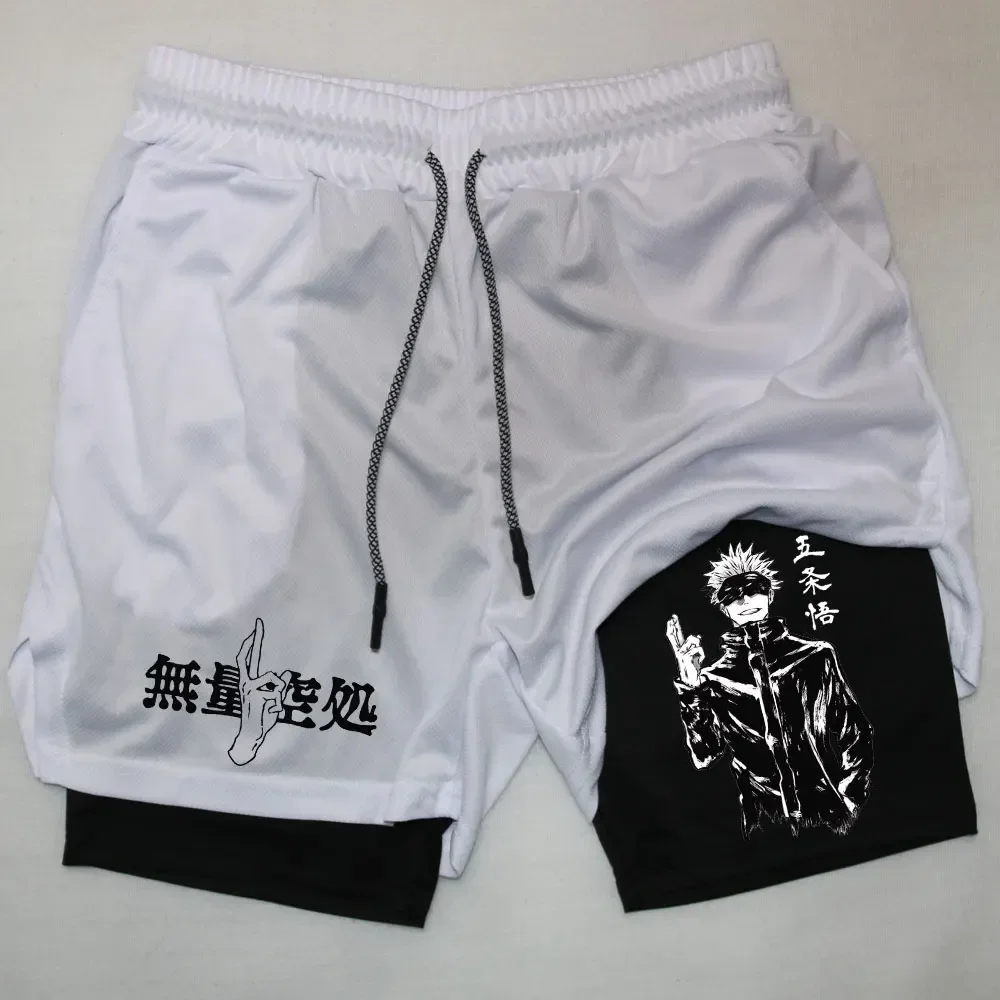 Jujutsu Kaisen pantalones cortos deportivos para hombre, ropa deportiva con estampado de Anime, Gojo Satoru, entrenamiento de gimnasio, 2 en 1