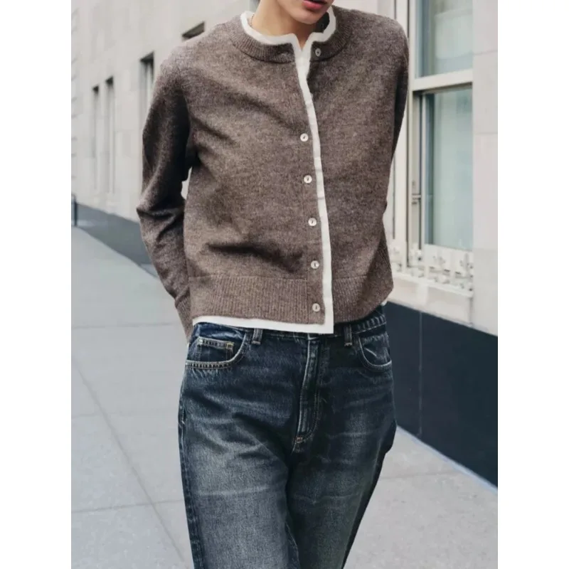 

Женский модный вязаный кардиган-обманка с эффектом двухслойности, с длинными рукавами, круглым вырезом, свободного кроя, на одной пуговице, короткий, для повседневной носки