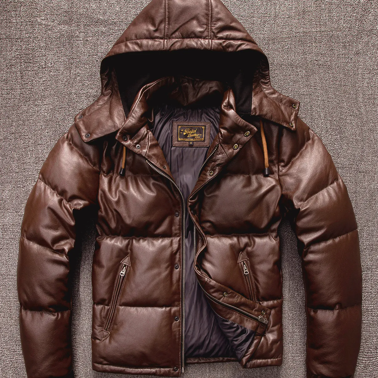 Men's Genuine Sheep Leather Down Motorcycle Jacket Hooded Thick Warm Winter Puffer Coat Windproof Casual Leather Outerwear