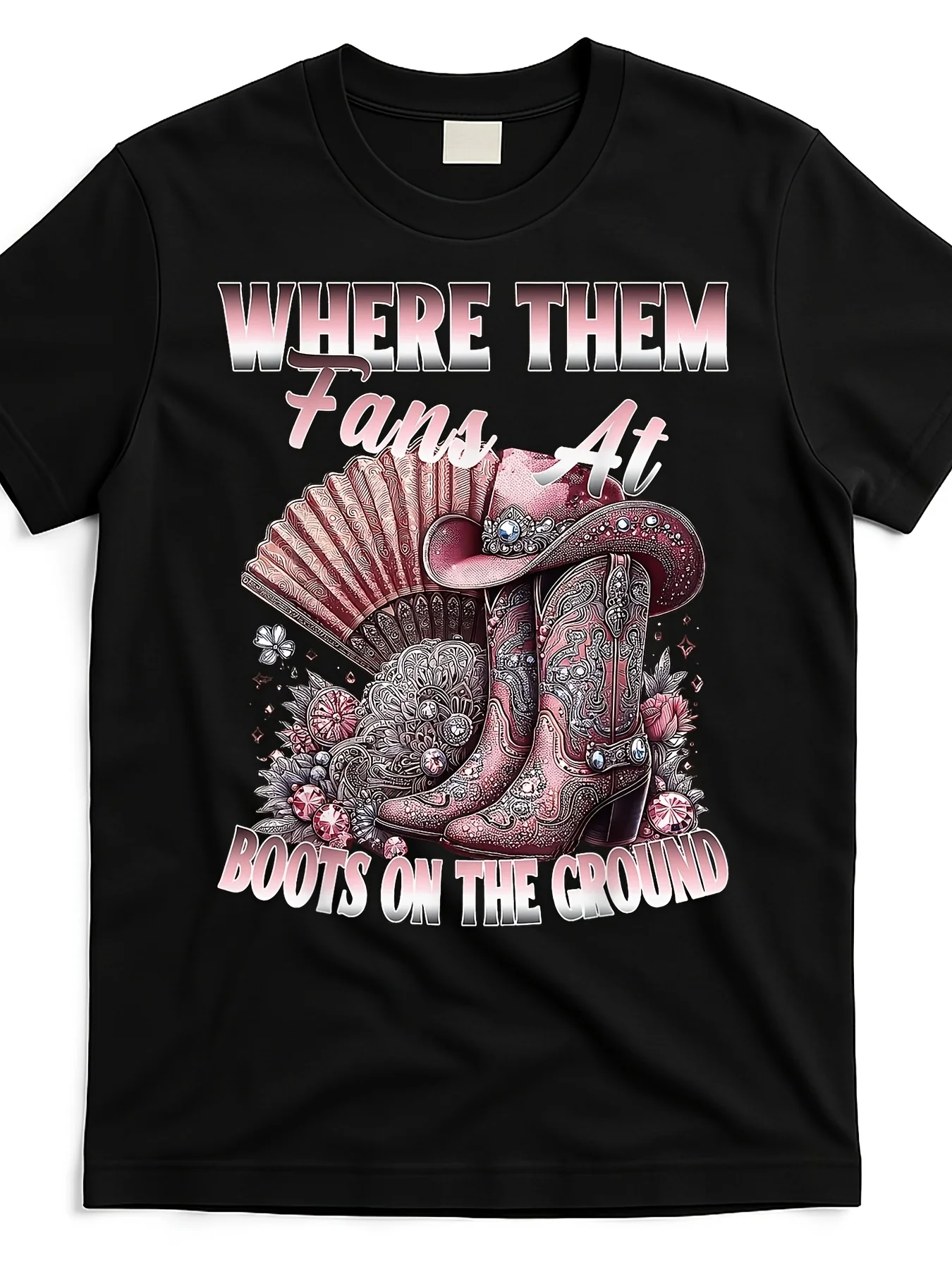 

Men s Vintage Cowgirl Graphic T Shirt Where Them Fans At Boots on Da Ground Retro Western Design Black Cotton Tee