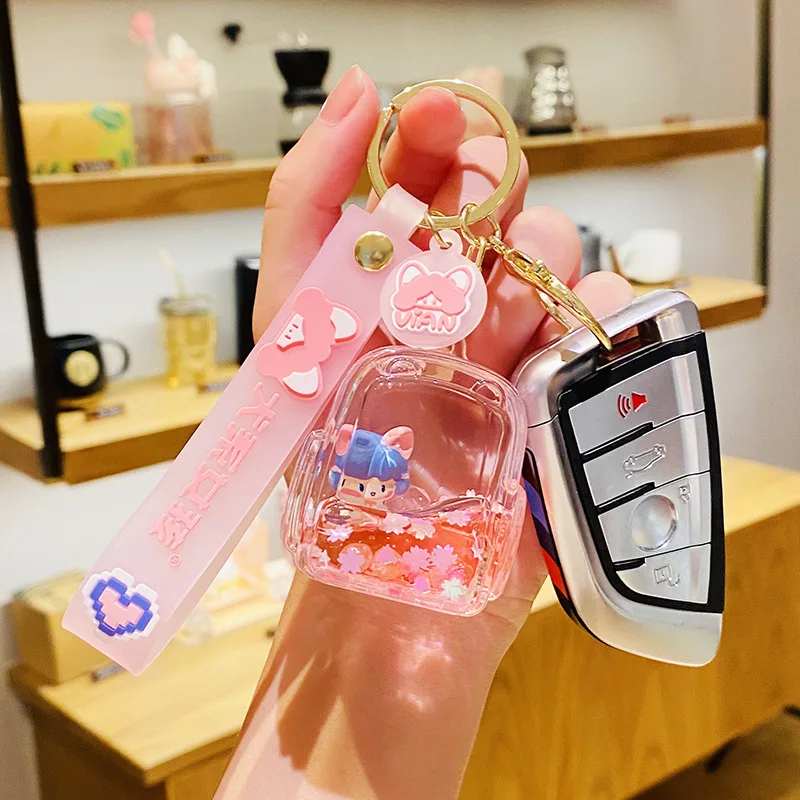 Acrylic Airship Floating Bottle Keyring Cute Luck Girl Sakura Shape Keychain Kawaii Liquid Quicksand Keyfob Bag Pendant Car Gift