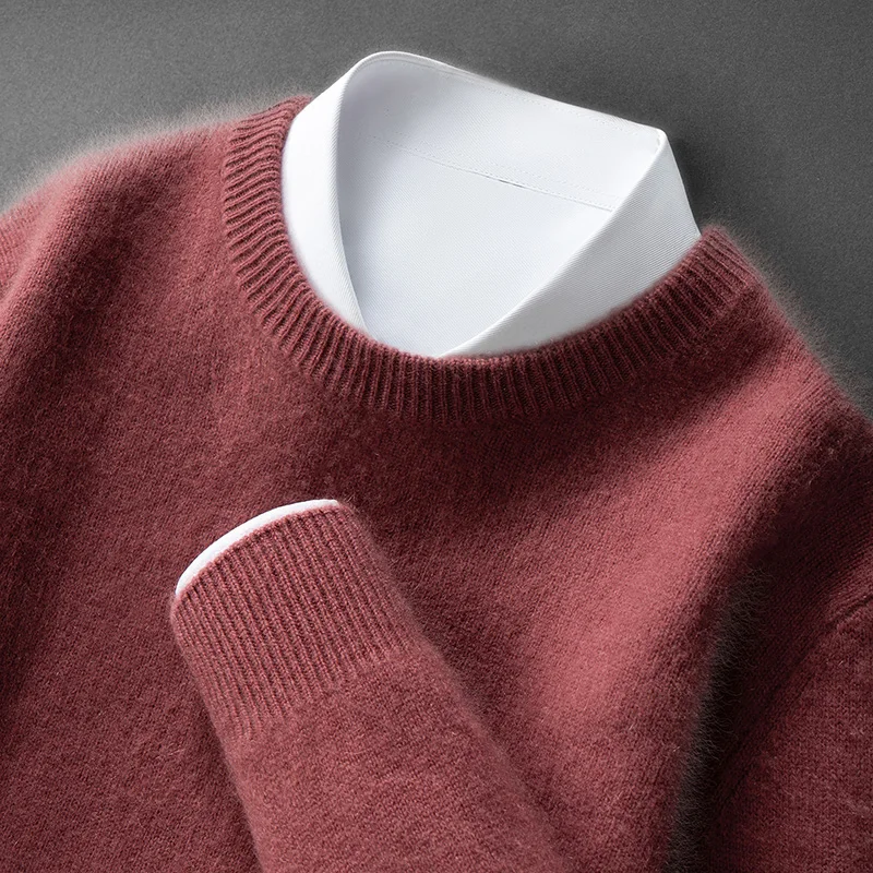 

100% Cashmere Sweater Men's Round Neck Knitted Sweater Seven-Needle Thickened Casual Sweater Loose Bean Paste Red Base Shirt