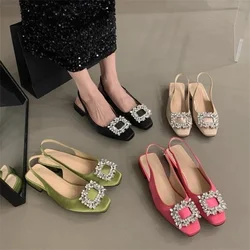 Rhinestone Sandals Mary Jane Shallow Mouth Comfort Shoes Woman Summer Heels Med Pointed Girls High Retro Medium Fashion Shoes