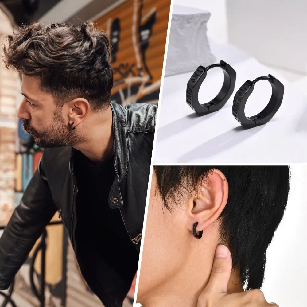 

Punk Hip Hop Men Hoop Earrings Korean Style Stainless Steel Huggie Hoop Earring Ear Buckle Silver Street Wear