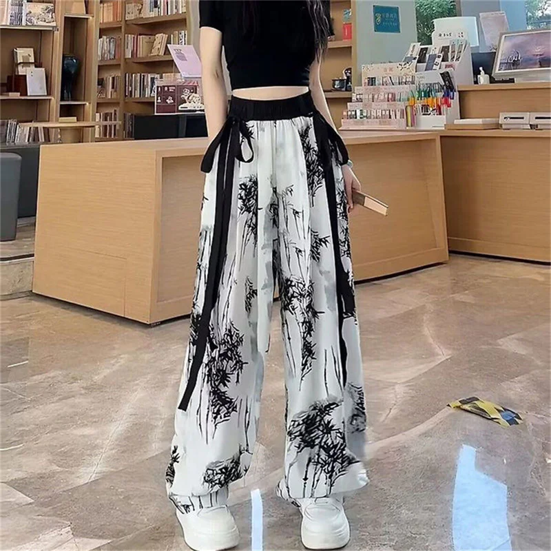 Trousers Lace-Up Oversized Chubby New Chinese Style ink Wash Ice silk wide leg summer women's casual Straight Leg Mop Pants 6XL