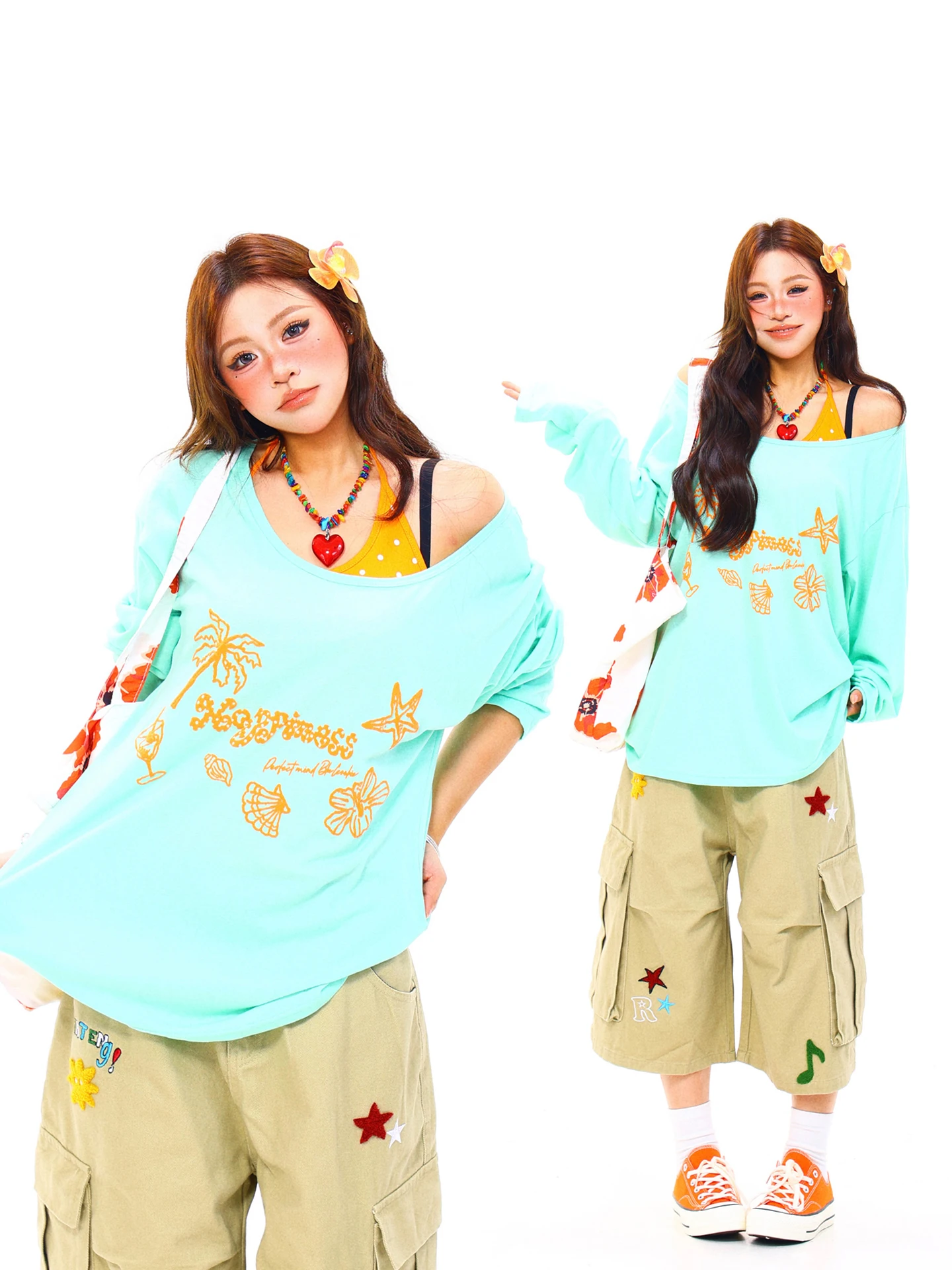 

Light Blue American Style Lazy Shoulder Strap Long Sleeve T-Shirt Women's True Two-Piece Cover up Cotton Polyester Summer Top