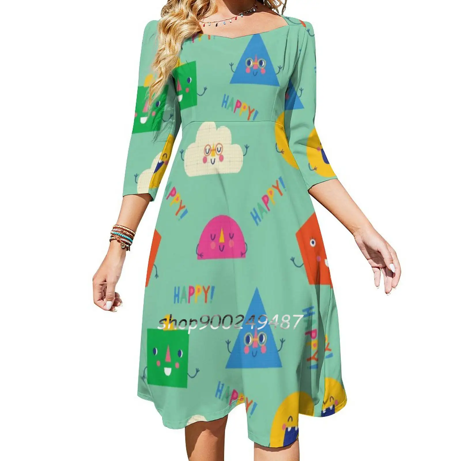 Happy! Flare Dress Square Neck Dress Elegant Female Fashion Printed Dress Happy Fun Bright Colourul Colorful Kids Childrens