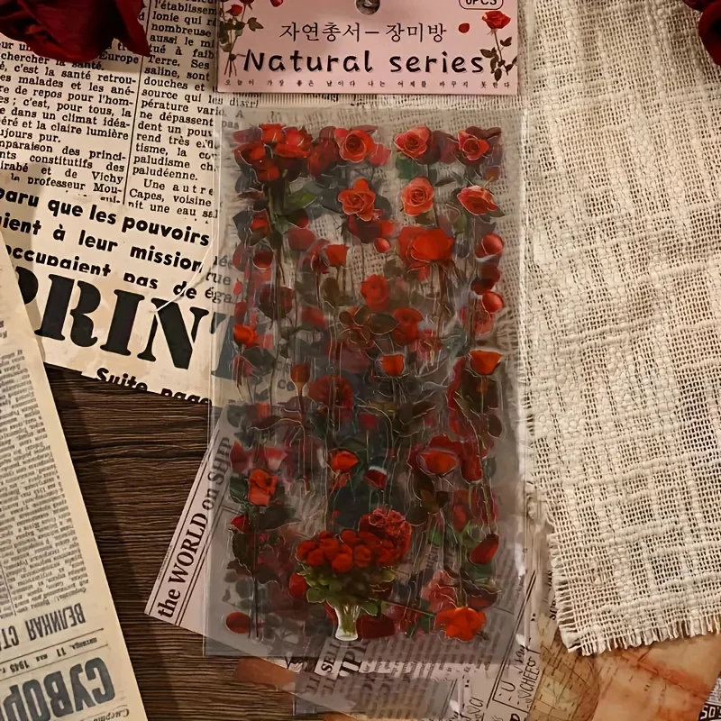6 Blatt rote Rosenblüten PET-Aufkleber, dekorative Scrapbooking-Collage, Junk-Journal-Zubehör, Tagebuch, Album, Bastelkarten, DIY-Etiketten