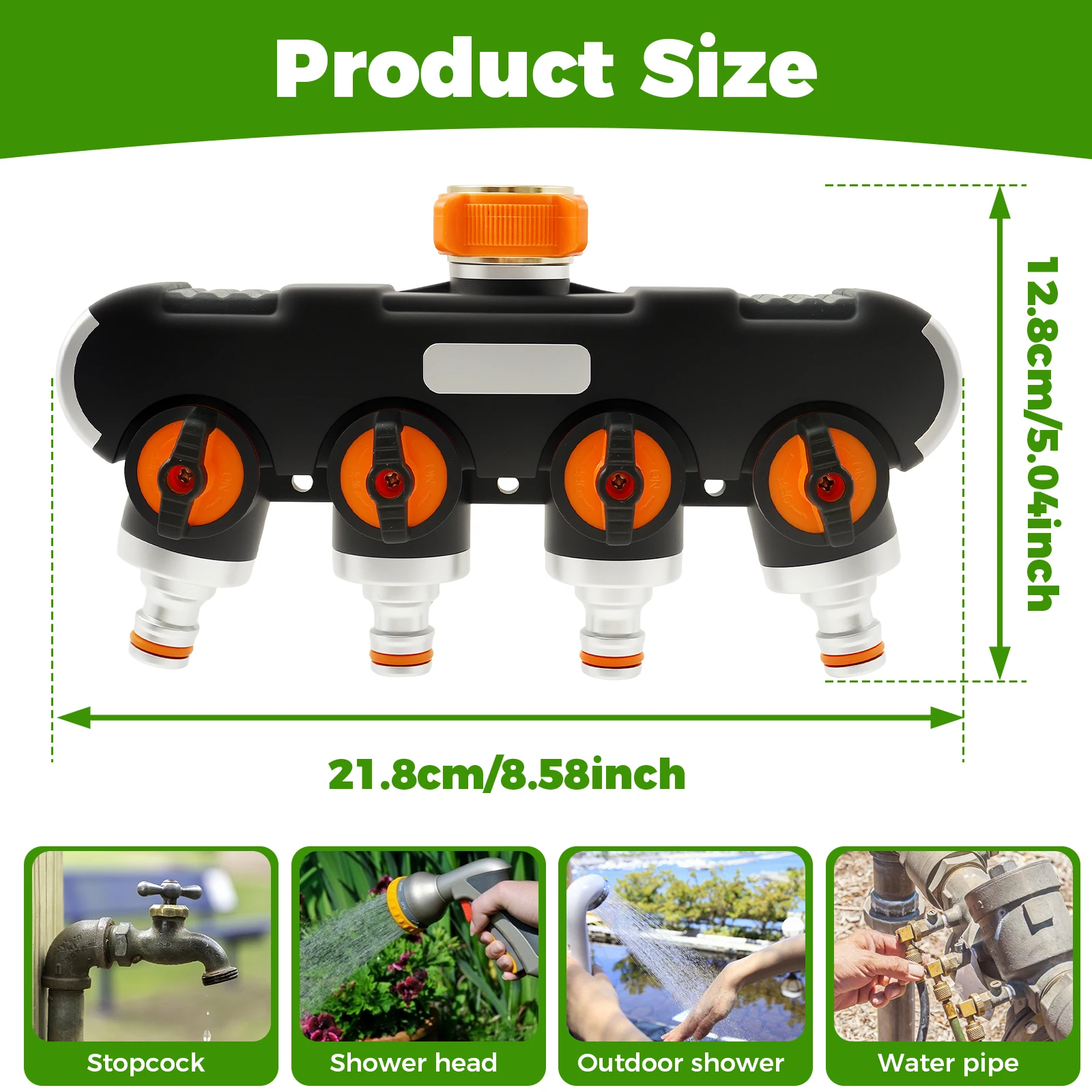 4-Way Splitter 3/4"and 1/2" Water Connection Distributor Adjustable Water Flow Water Tap Splitter for Outdoor Tap Garden Hoses