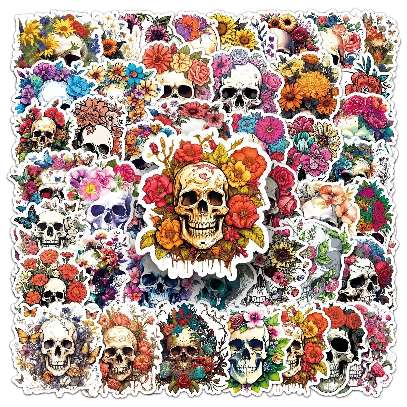 50 Stück/Packung Coole Pop-Horror-Totenkopf-Blumen-Aufkleber Ästhetische Abziehbilder für Schreibwaren, Gepäck, Laptop, Helm, Motorrad, Graffiti-Sticker