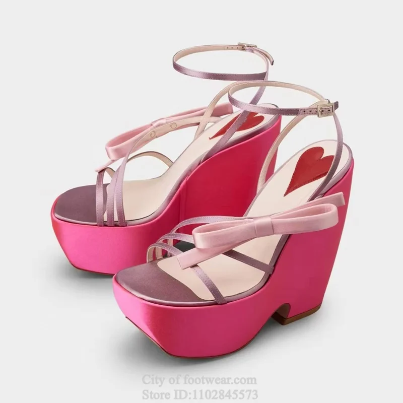 

2025 New in Summer Platform Wedges Heel Leather Sandals Ankle Strap Pink/Orange High Heels Luxury Designer Women Party Shoes