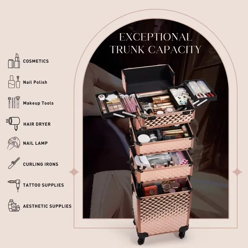 4 in 1 Aluminum Lockable Trolley, Large Capacity Cosmetic Rolling Case with Drawers, Nail Salon Makeup Storage Organizer