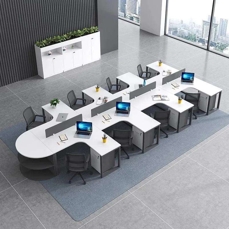 Creative office desk and chair combination cross-shaped four-person staff table 3/4/6/8-person L-shaped arc special-shaped