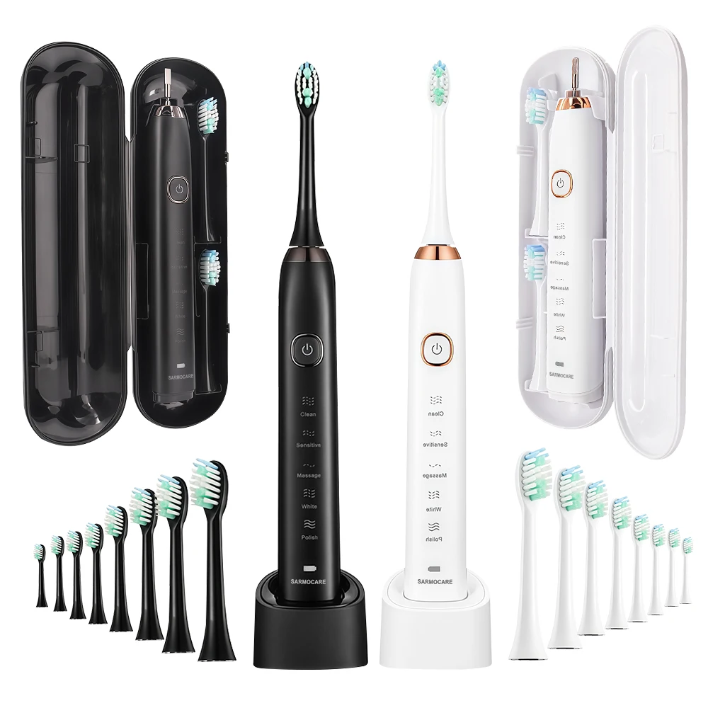 

Ultrasonic Vibration Electric Toothbrush Rechargeable 5 Modes Smart Timer Waterproof Toothbrush With 8 Replacement Heads And Box