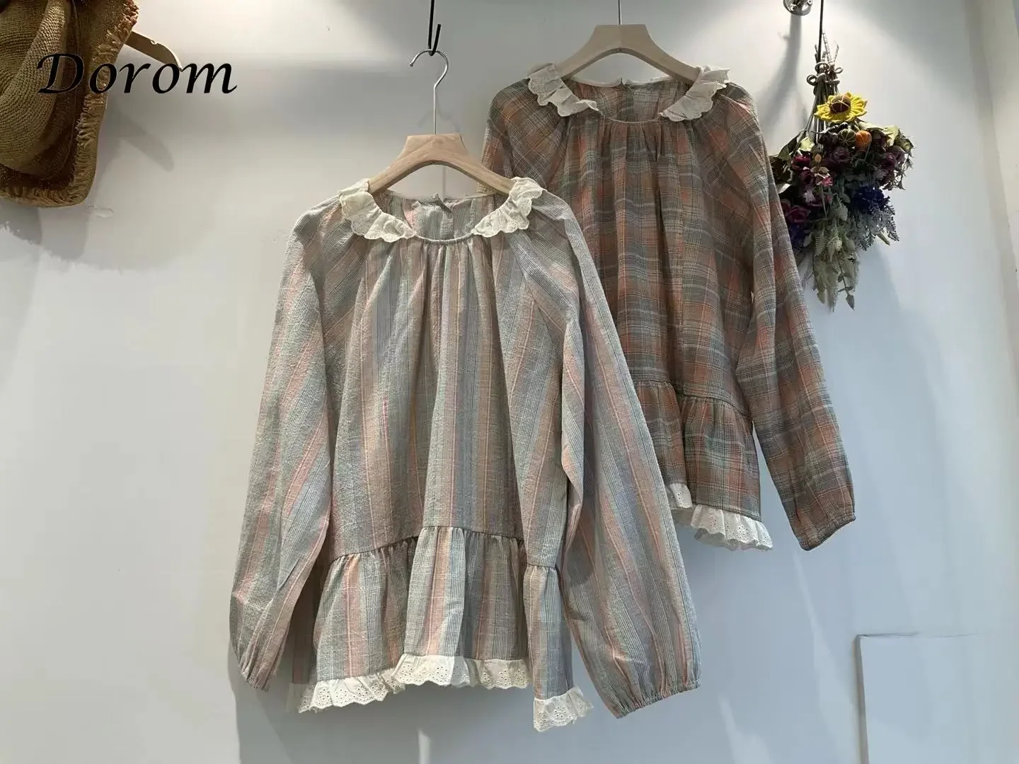 Japanese Mori Girl Plaid Shirt For Women Spring Ruffled Puff Sleeve Kawaii Lolita Tops Female Casual Loose Cotton Linen Blouses