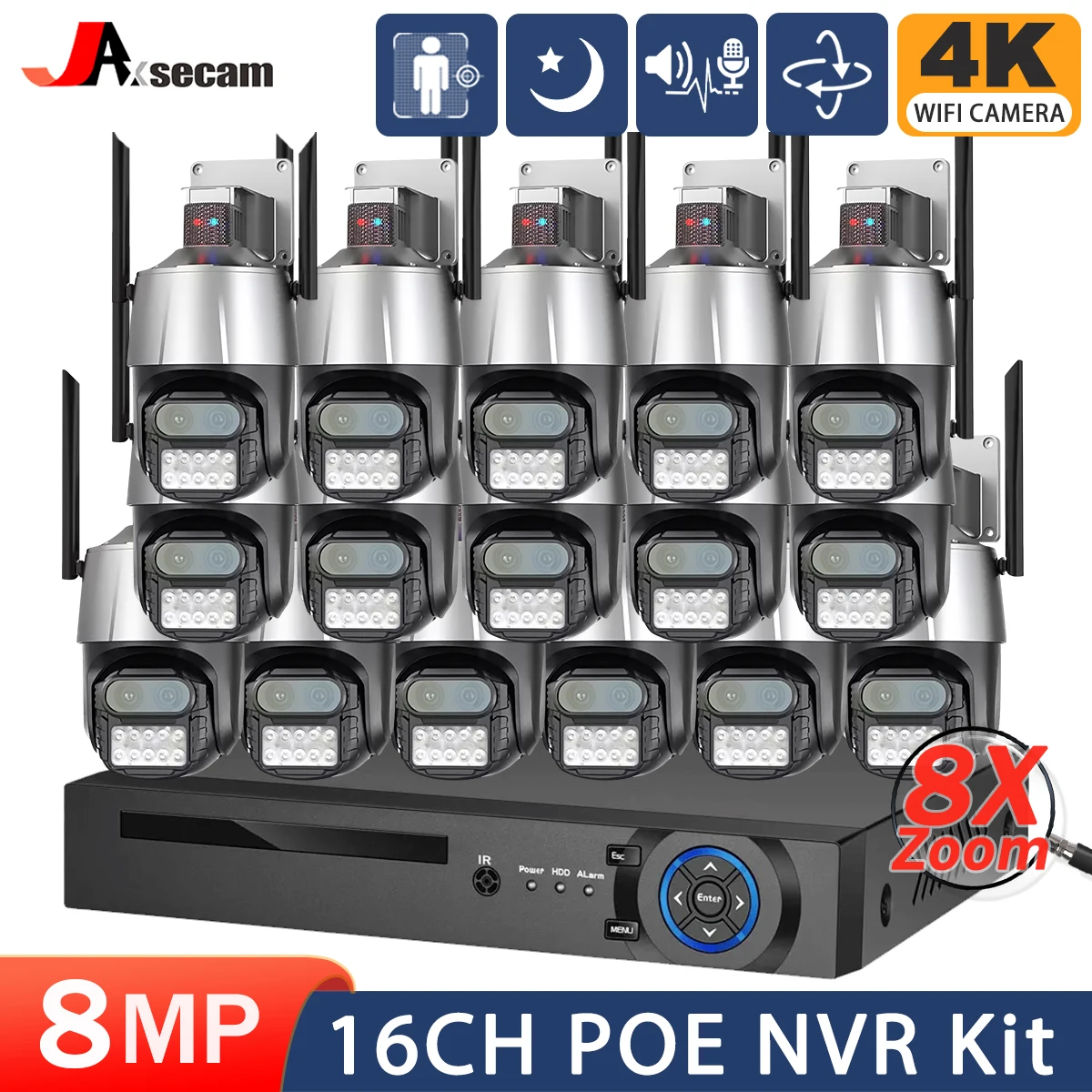 Kit NVR 16CH 4K POE NVR, sistem kamera dalam dan luar ruangan keamanan pelacakan otomatis 2.8-12mm fokus otomatis 8X perbesaran Video pengawasan