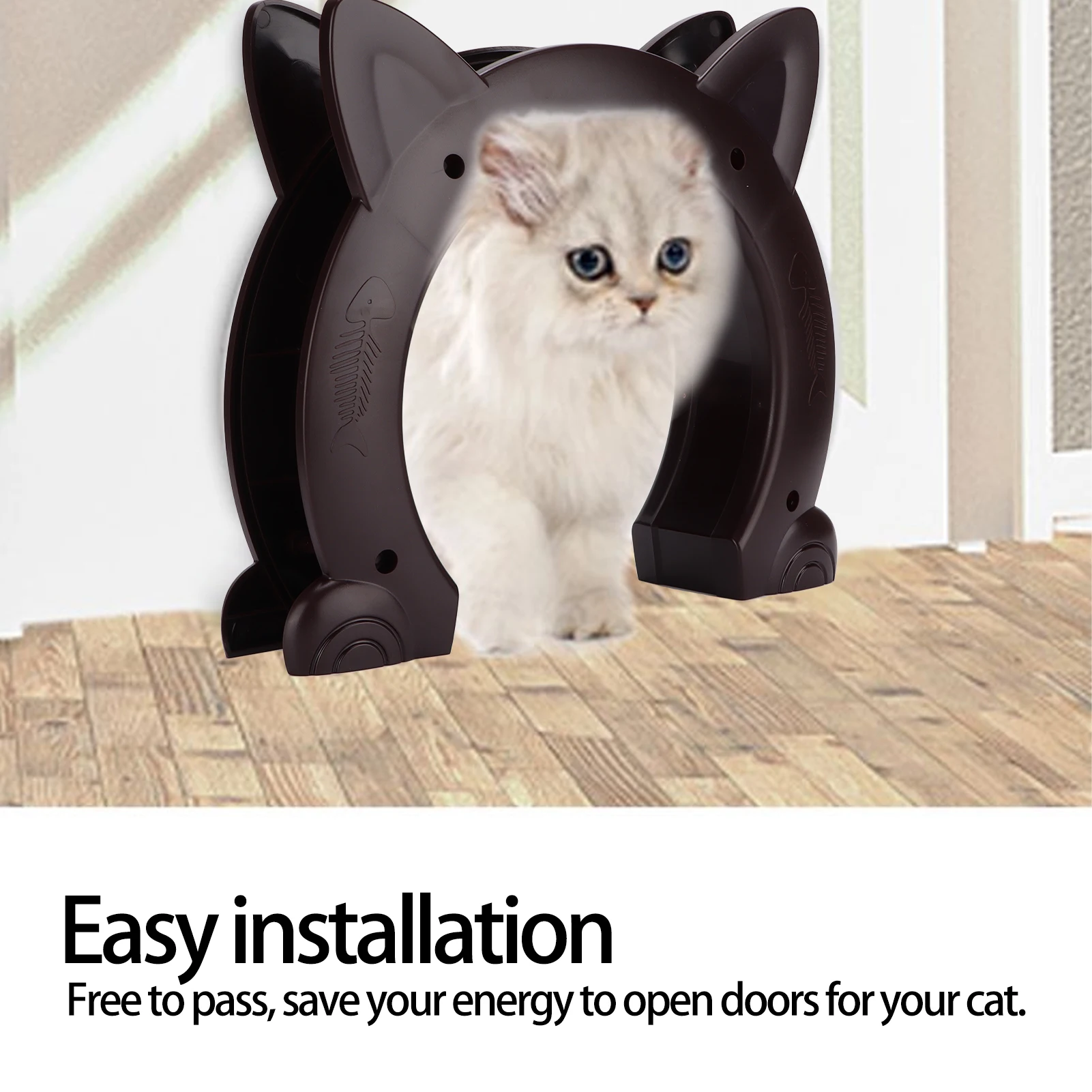 Cajas Puerta para gatos Puerta para gatos Interior de plástico en forma de cabeza de gato Pasar a través de la puerta con patrón de hueso de pescado Pasar a través de la puerta para gatos