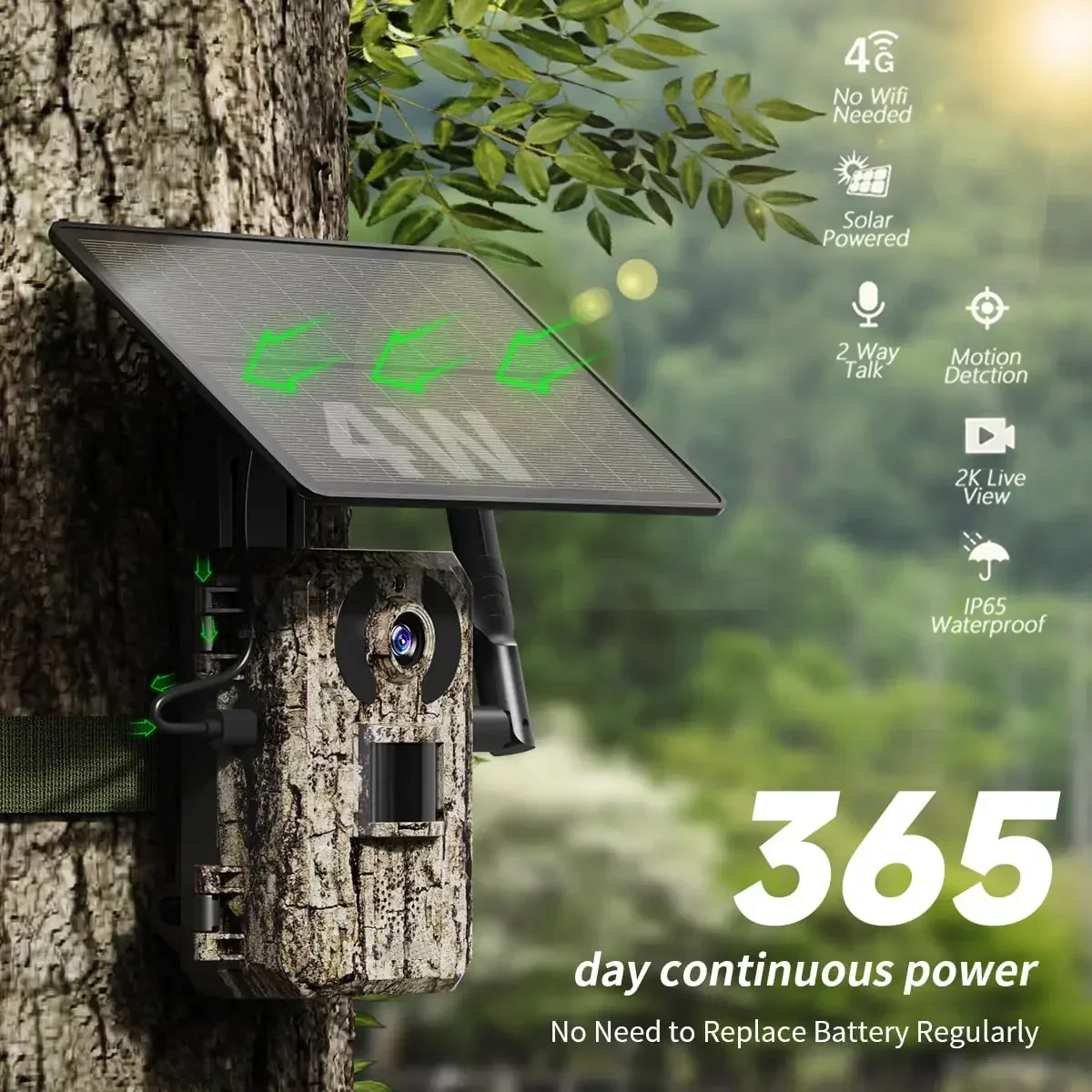 4G LTE Trail Camera With Solar Panel, 2K Live View, Night Vision, Not Support Wifi, Security Camera Phone Remote Access