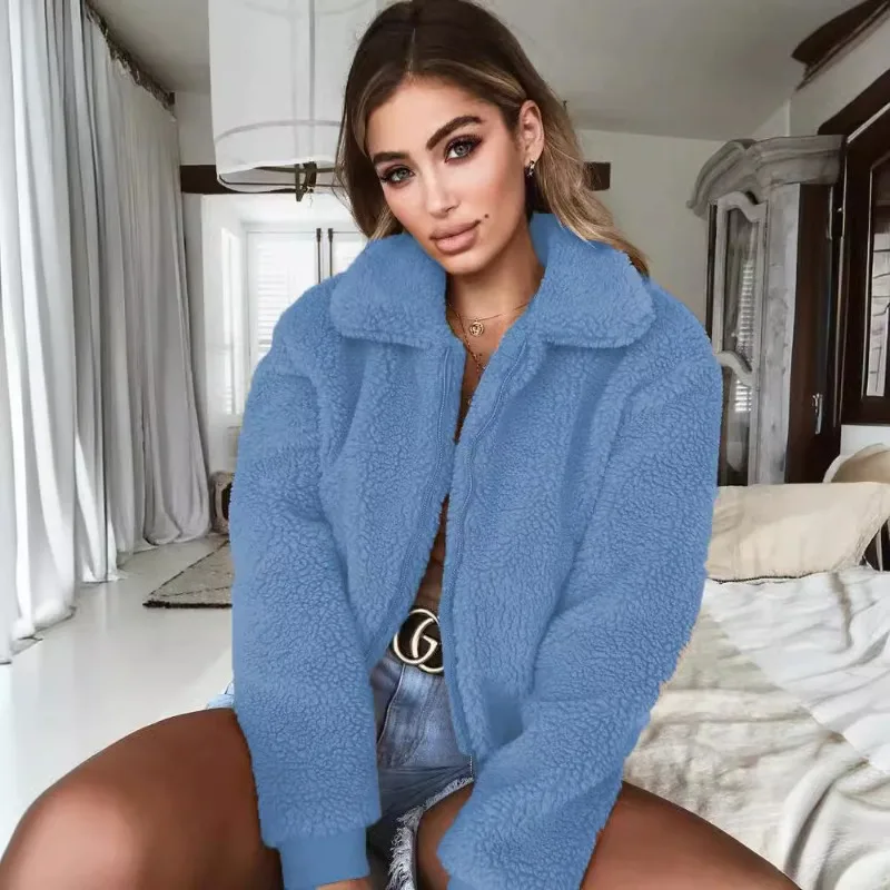 Damska kurtka zimowa zapinana na zamek, ocieplana sztucznym futrem, odzież wierzchnia, długi rękaw, kurtki polarowe, sweter, puszysty płaszcz, stylowa odzież wierzchnia damska.